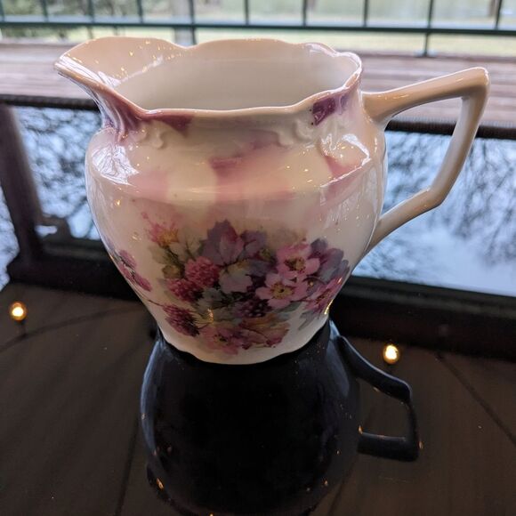 Antique 1800's German Porcelain Large Creamer Floral & Black Berry, Purple/Pink - Picture 1 of 10